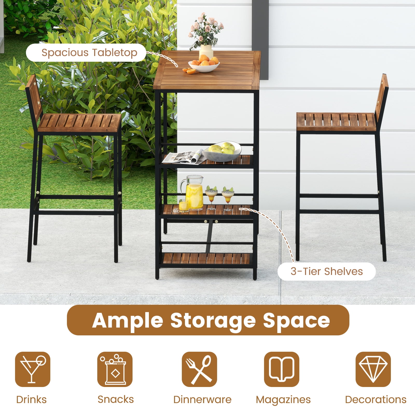 Gymax 3 Pieces Outdoor Wood Bar Set w/ 3-Tier Storage Shelf & Metal Frame for Backyard