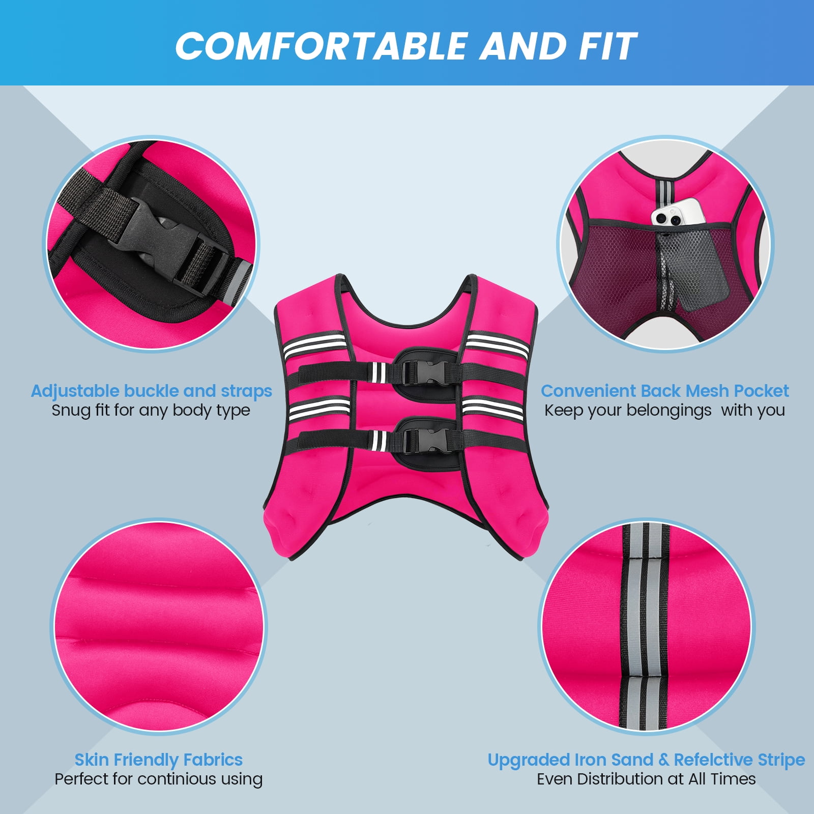 Weighted Vest Pink 12 Lb Weight Vest for Woman Men Sport Weighted Vest with Reflective Stripe Adjustable Buckle Straps Mesh Pocket for Strength Training Running