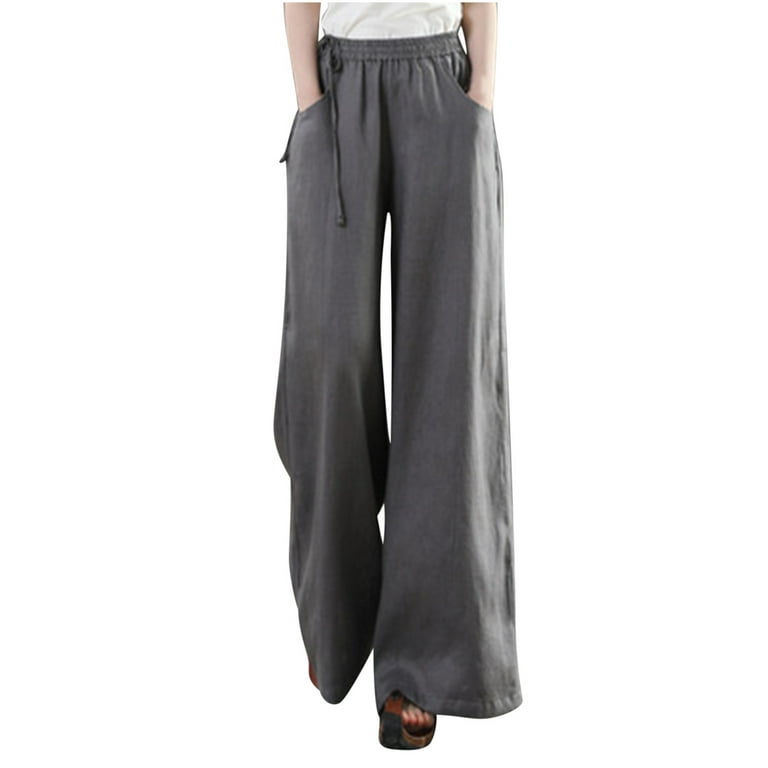 KIHOUT Clearance Women's Plus Size Pants Solid Cotton Linen Drawstring  Elastic Waist Long Wide Leg Pants 