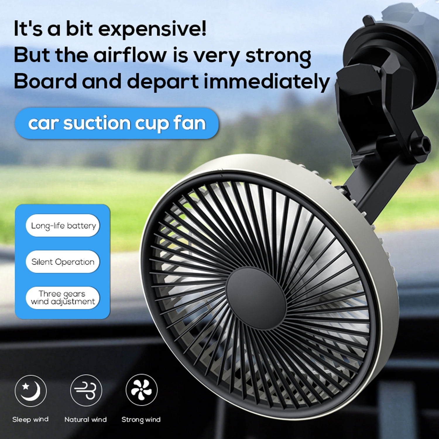 Car Fan, Rechargeable Car Fan with 3 Speeds, Low Noise, Strong Magnetic/Vacuum Suction Cup, No Trace Removable, Car Suction Cup Fan for Vehicle Truck Suv Car Van Rv Pickup