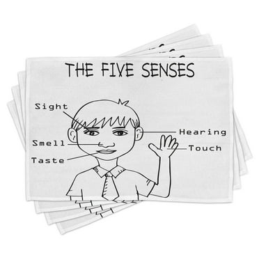 Ambesonne Science Place Mats Set of 4, 5 Senses on Boy, Standard Size, Black White