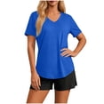 thumbnail image 3 of Women's Solid V-Neck Short Sleeve Basic T-Shirt, Summer Basic Everyday Tee for Women, Women's Blue,Size S-2XL, 3 of 8