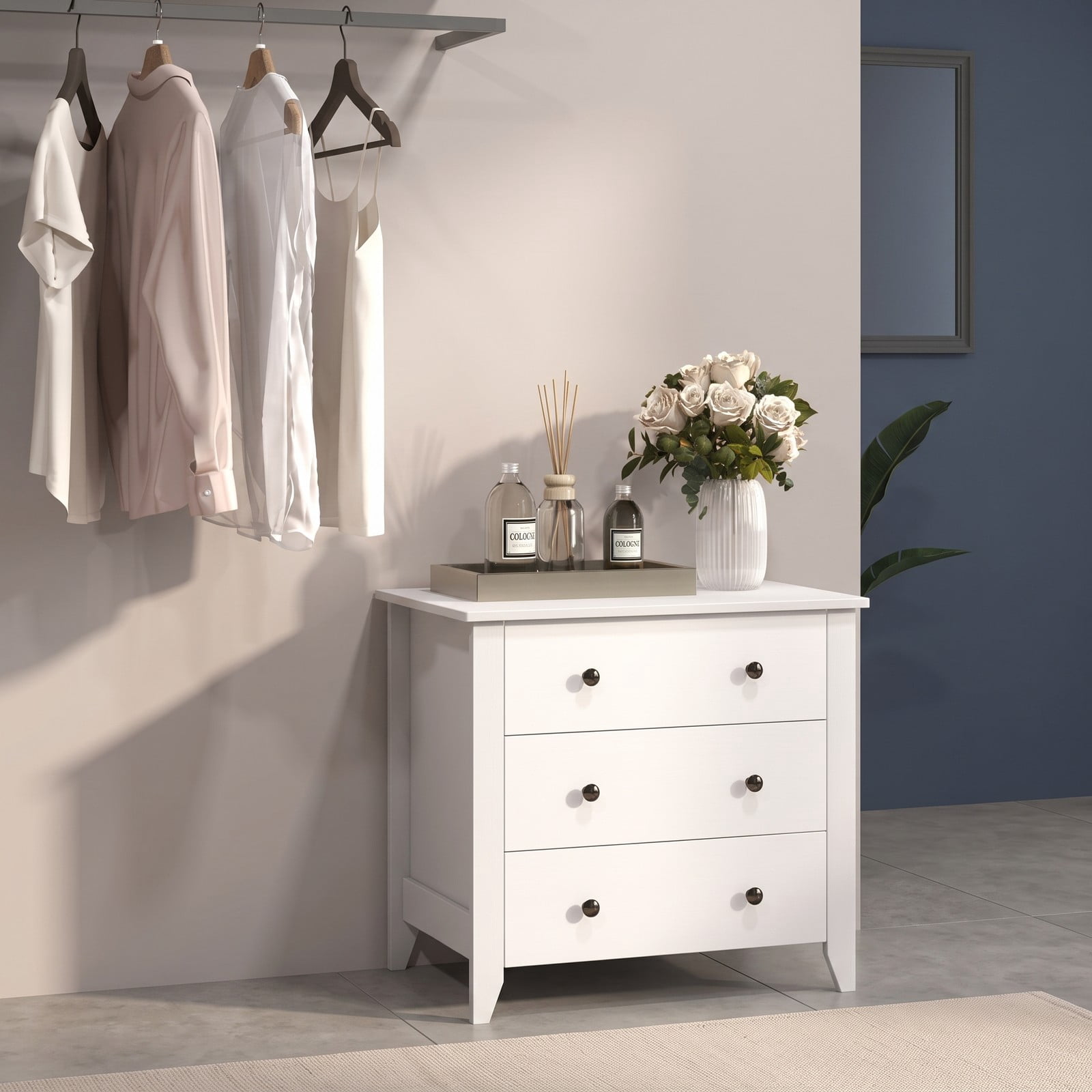 Furnibear 3-Drawer Dresser Chest and Bedside Table with Mute Slide Guides and Antique Brass Knobs for Bedroom and Entryway, White