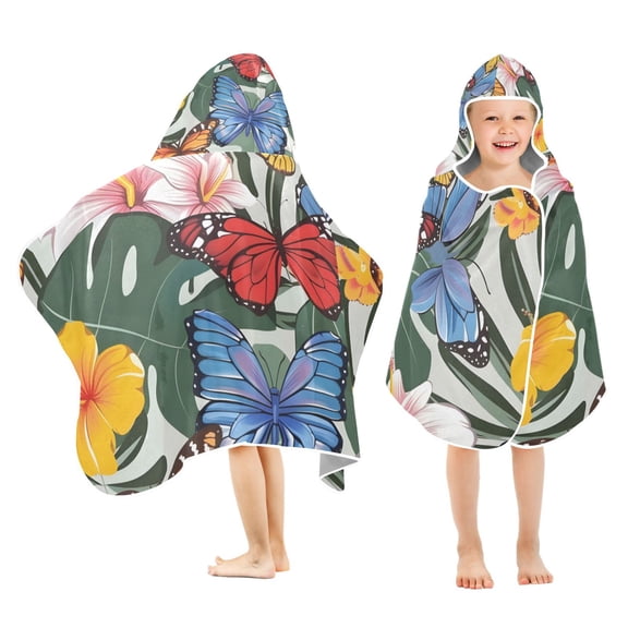 Tropical Leaves Butterflies Kids Hooded Beach Towel Baby Bath Poncho Towels with Hood Absorbent 50"x23.5" for Pool Swimming
