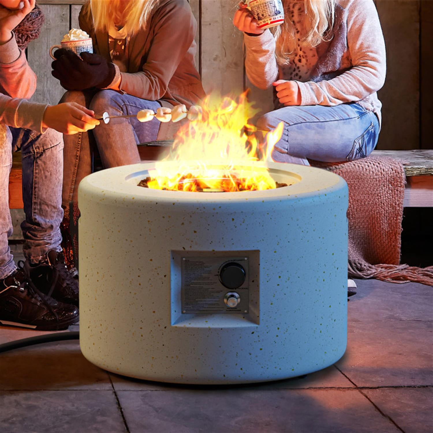 Demi Bonn 40 000 BTU 25" Round Terrazzo Propane Gas Fire Pit with Hideaway Tank Holder and Lava Rocks, White