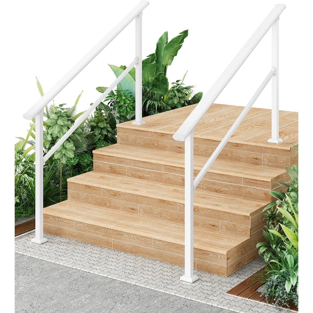 YUSAZENS 2 Pack 5 Step Outdoor Step Railing, Aluminum Alloy Iron Post Combined Handrail, White, All Install Tools and Fasteners Ready