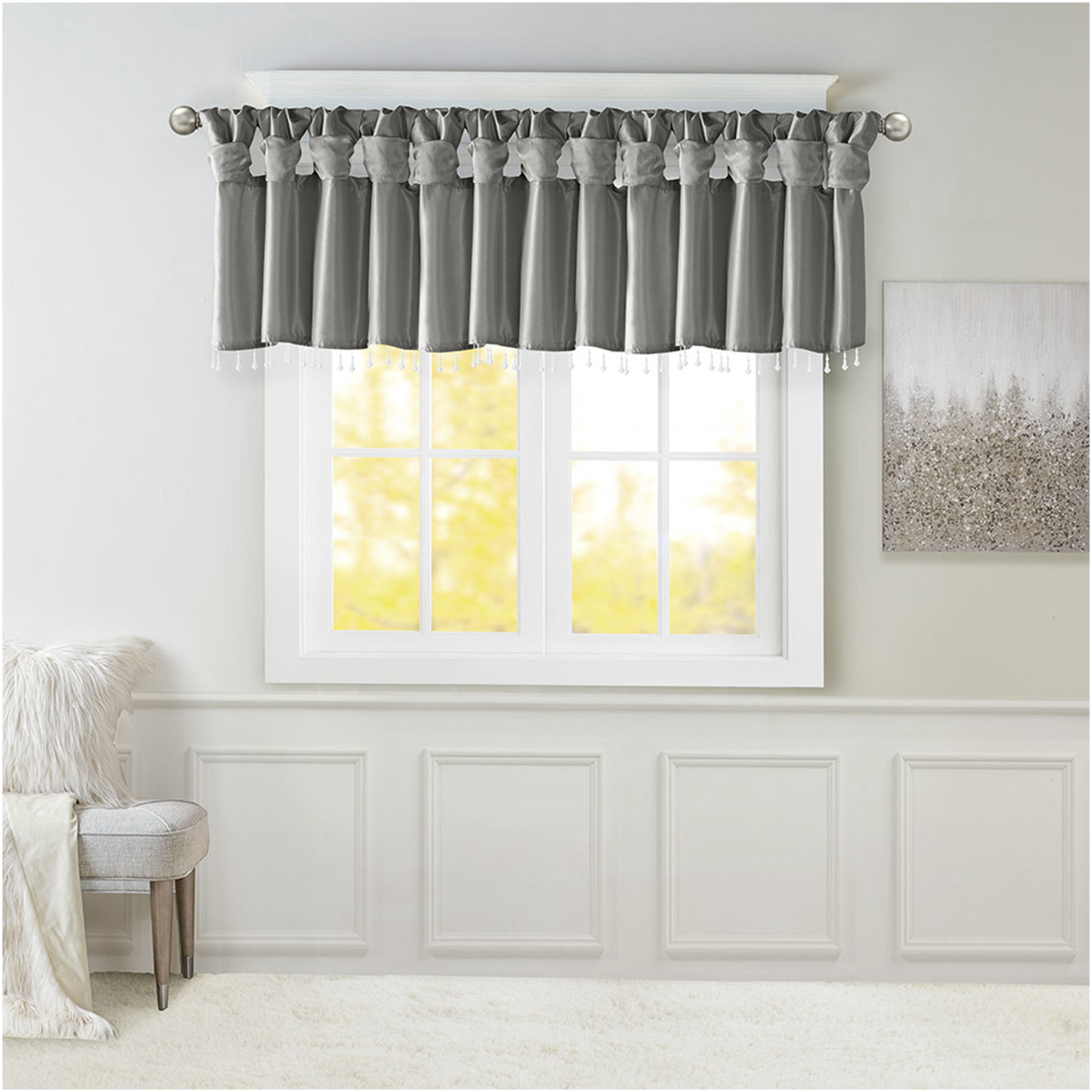 JERFIT 50x26 Inch Charcoal Blackout Window Valance, Faux Silk Curtain Valance with Beaded Trim, Lined Room Darkening Valances for Bedroom Living Room