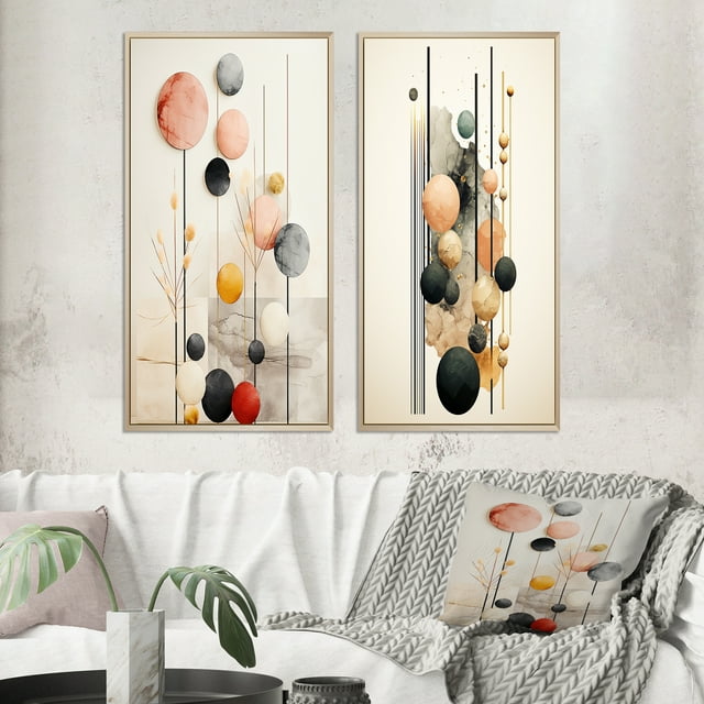 Designart "Retro Pastel Opulence Circular Geometry II" Modern Geometric Framed Wall Art Set Of 2 - Modern Black Gallery Wall Frame Set For Home Decor