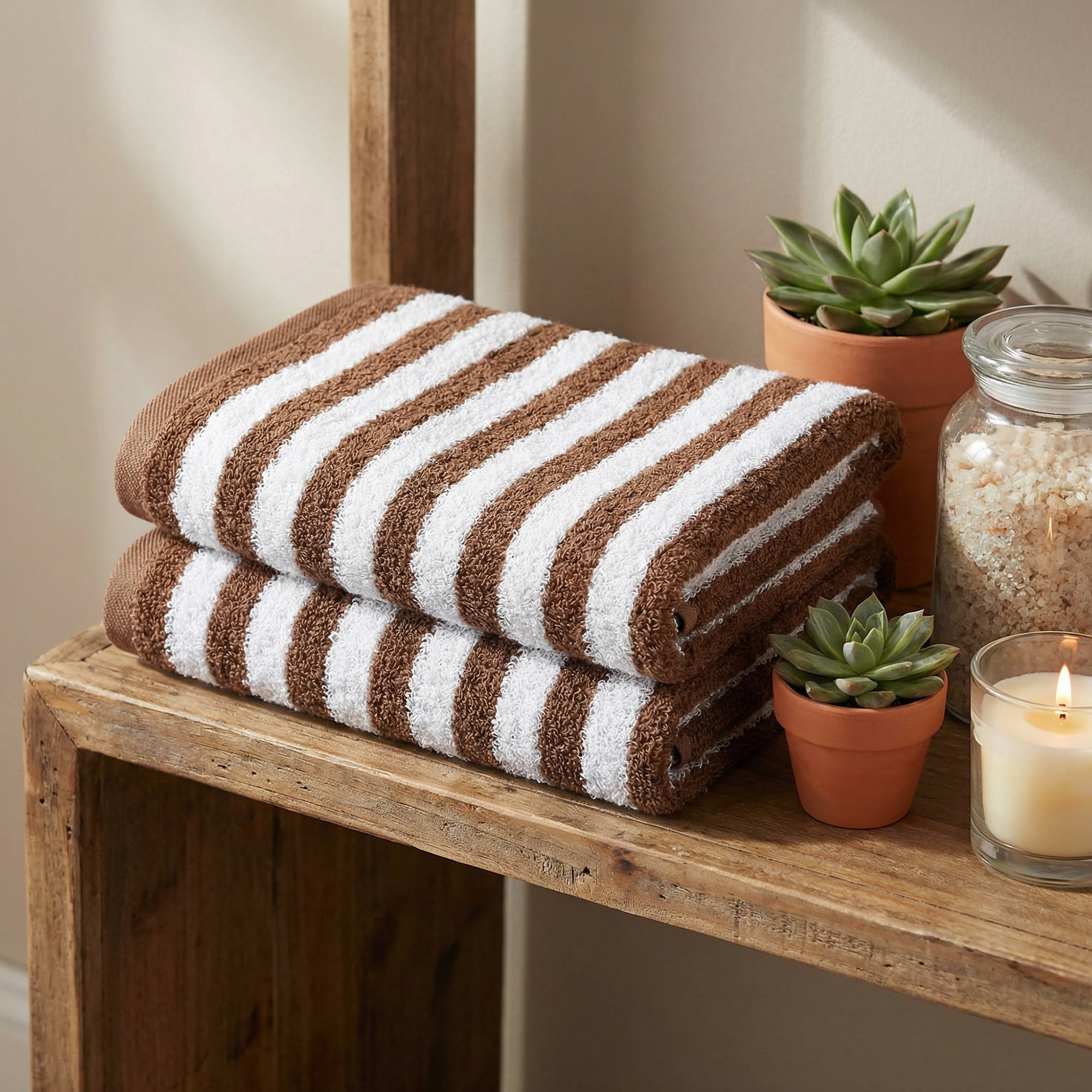 REGALWOVEN Classic Striped Cotton Hand Towels, Ultra Plush Absorbent Quick Dry Towels for Bathroom, Kitchen, Guest Room, 29" x 13" Brown 2pk
