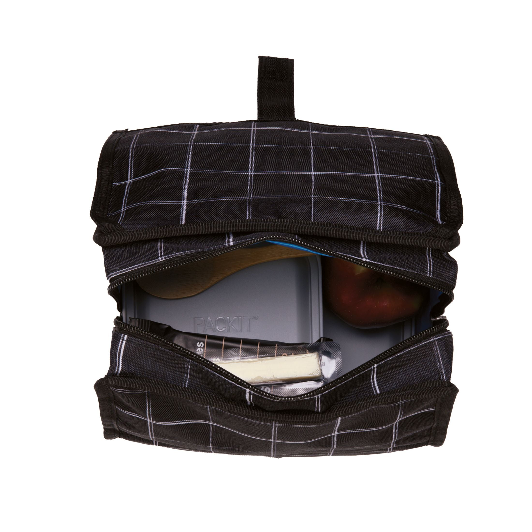 PackIt Freezable Lunch Bag, Black Grid, Built with EcoFreeze Technology, Foldable, Reusable, Zip and Velcro Closure with Buckle Handle, Perfect for Lunches Large