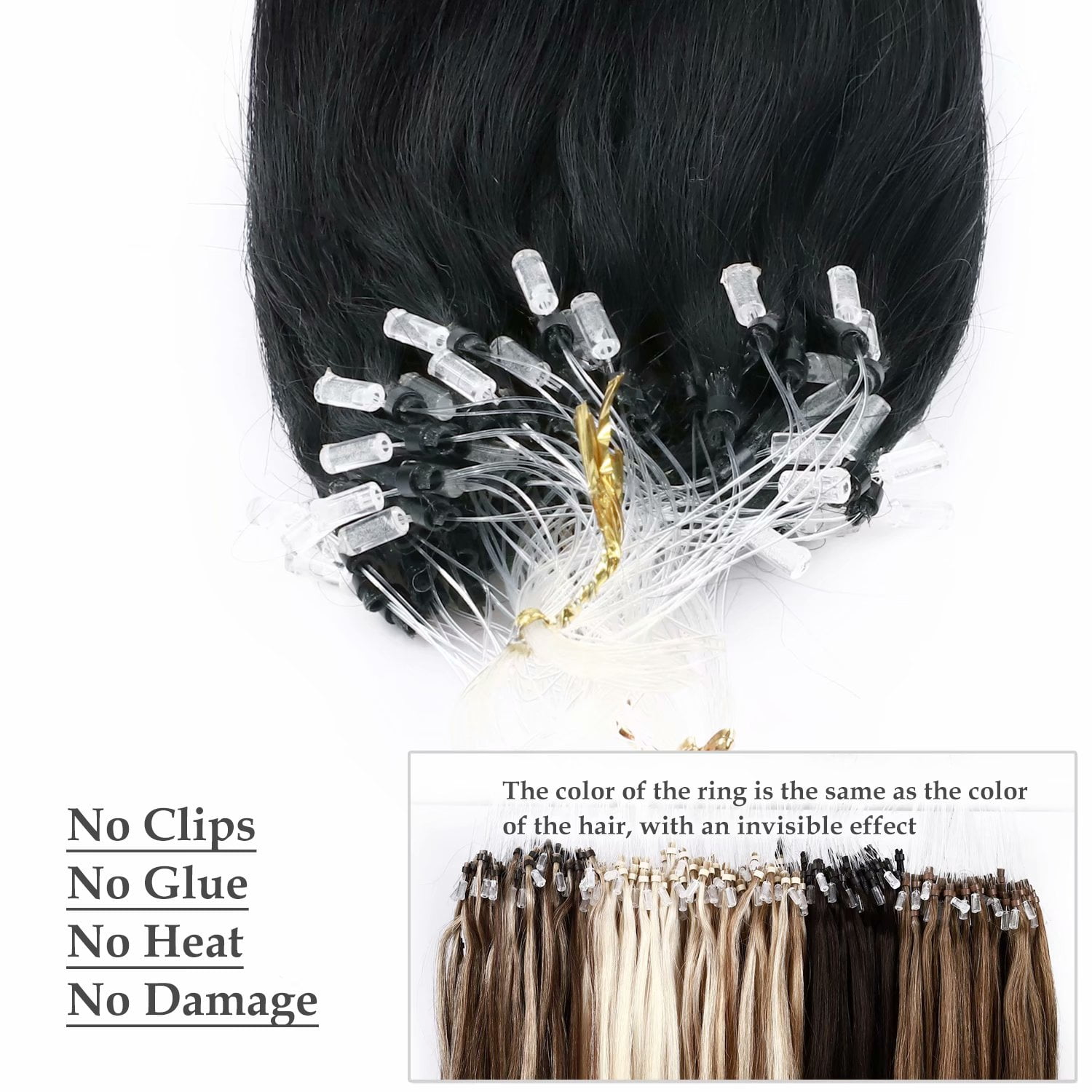 Benehair Human Hair Extensions Micro Ring Micro Beads Easy Loop 100% Remy Hair Extension Micro Link Hair 1g/Strand 100g Black Pre Bonded Soft