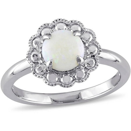 3/4 Carat T.G.W. Opal 10kt White Gold Halo Floral Ring