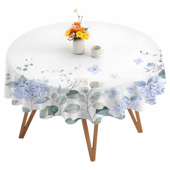 Round Tablecloth Blue Floral Hydrangeas Waterproof Oil Proof Polyester Table Cloth Cover Decor for Home Dining Outdoor,Patio,Parties, 54" Dia. Rustic Green Leaves White