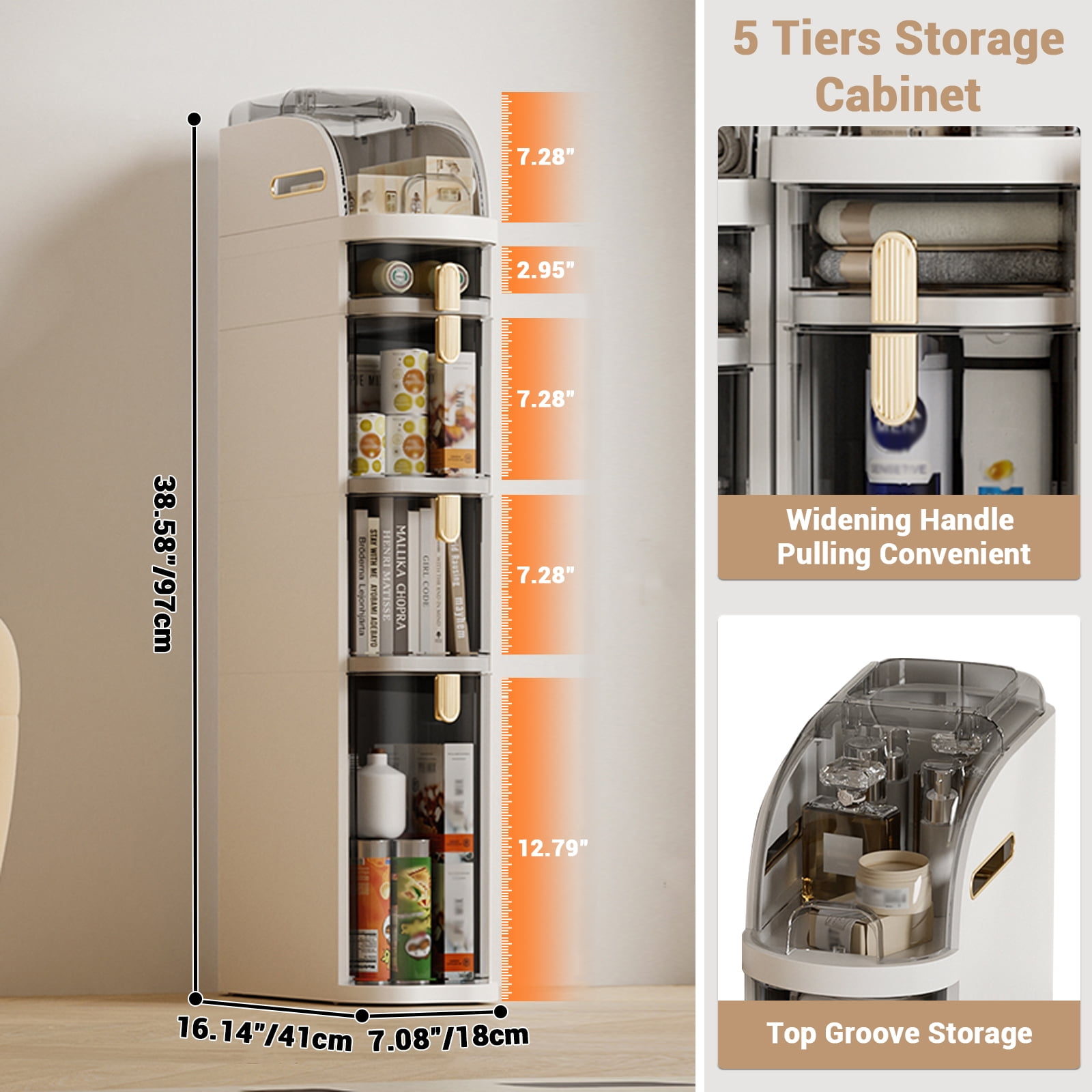 Slim Bathroom Storage Cabinet with Drawers & Tissue Box, Plastic Narrow Rolling Bathroom Tower Cart Waterproof & No Installation for Small Spaces Kitchen Laundry Living Room