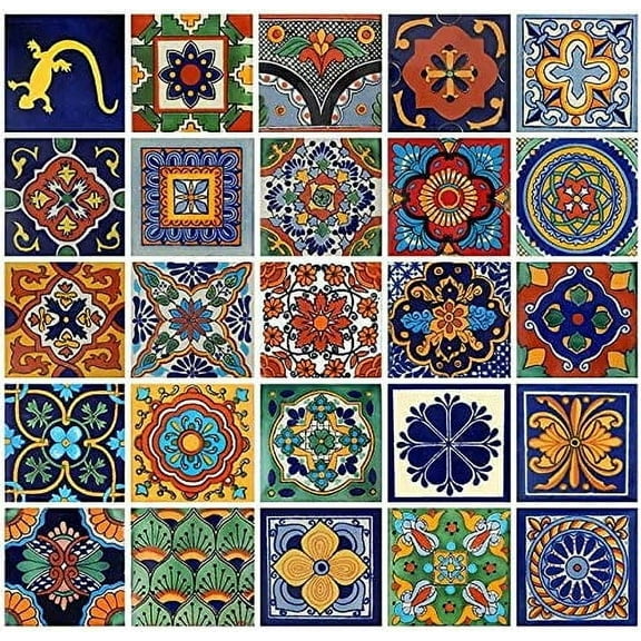 COLOR Y TRADICIN 25 Mixed Color Mexican Talavera Tiles, 4x4 Square, 25 Pieces, Geometric Pattern, Painted Finish, Not Water Resistant, Perfect for Walls, Countertops, Backsplash