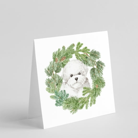 Bichon Frise with Christmas Wreath Square Greeting Cards and Envelopes Pack of 8 5 in x 5 in