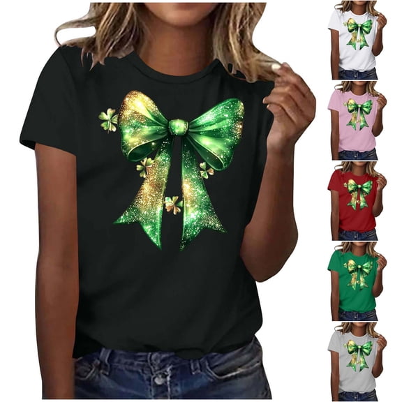 Yxbdin Bow Printed St Patricks Day T Shirts for Women Plus Size Clover Graphic Tees Short Sleeve Crew Neck Shirt for Holiday White XXL