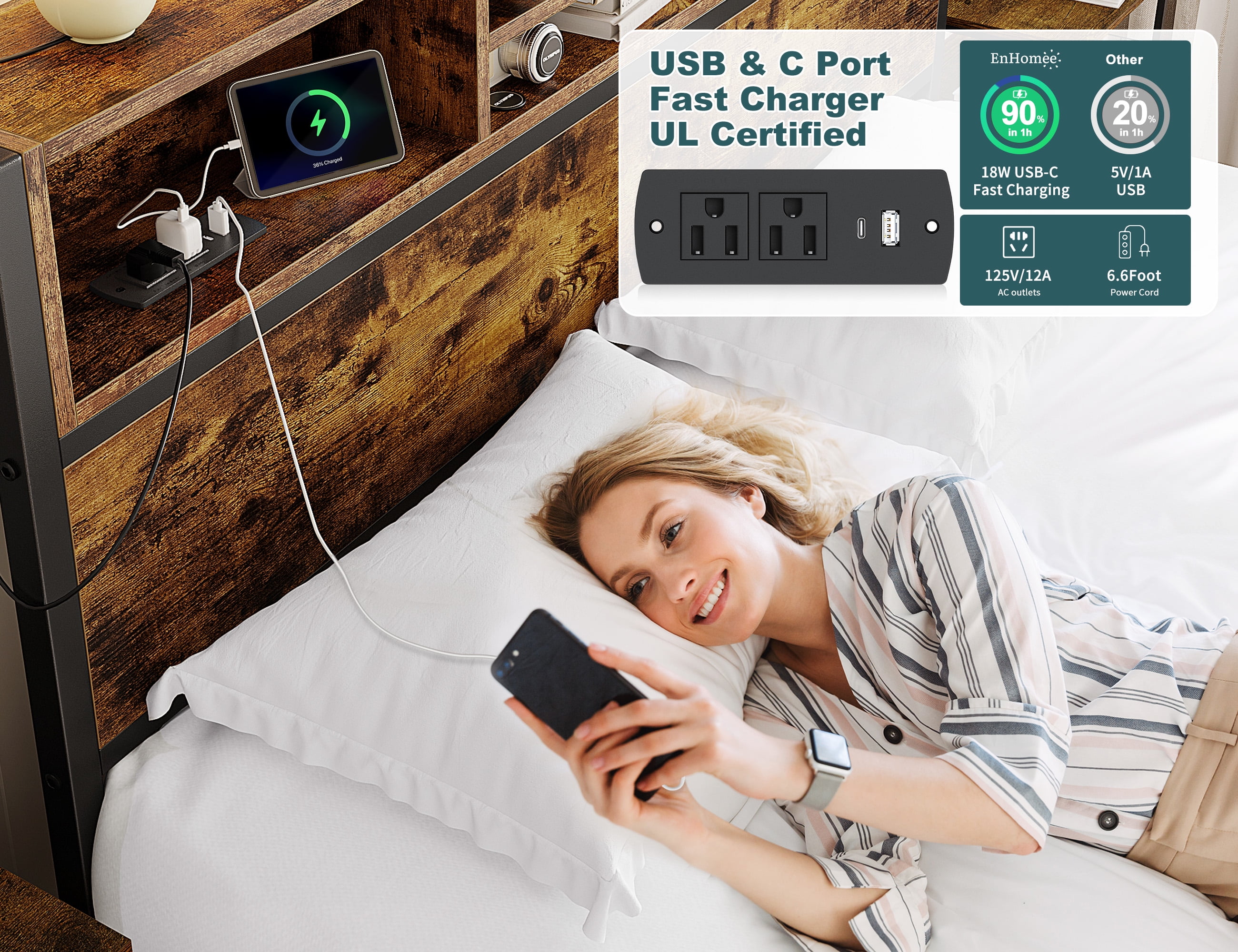 EnHomee Full Bed Frame with Headboard Metal Bed Frame with 6 Storage Drawers &  Charge Station