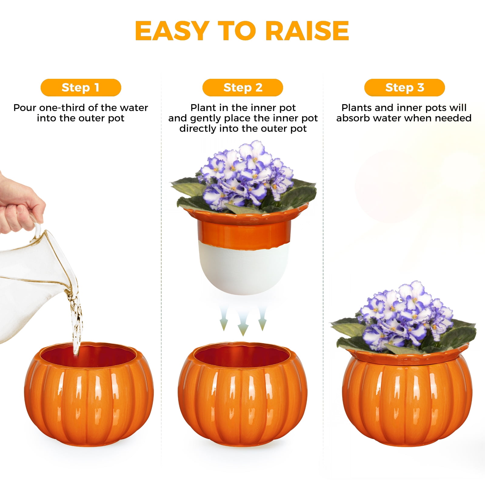 BUYMAX 6 in. Ceramics Self-Watering Planter,African Violet Pot for Beginners & Busy Plant Owners,Pumpkin Orange