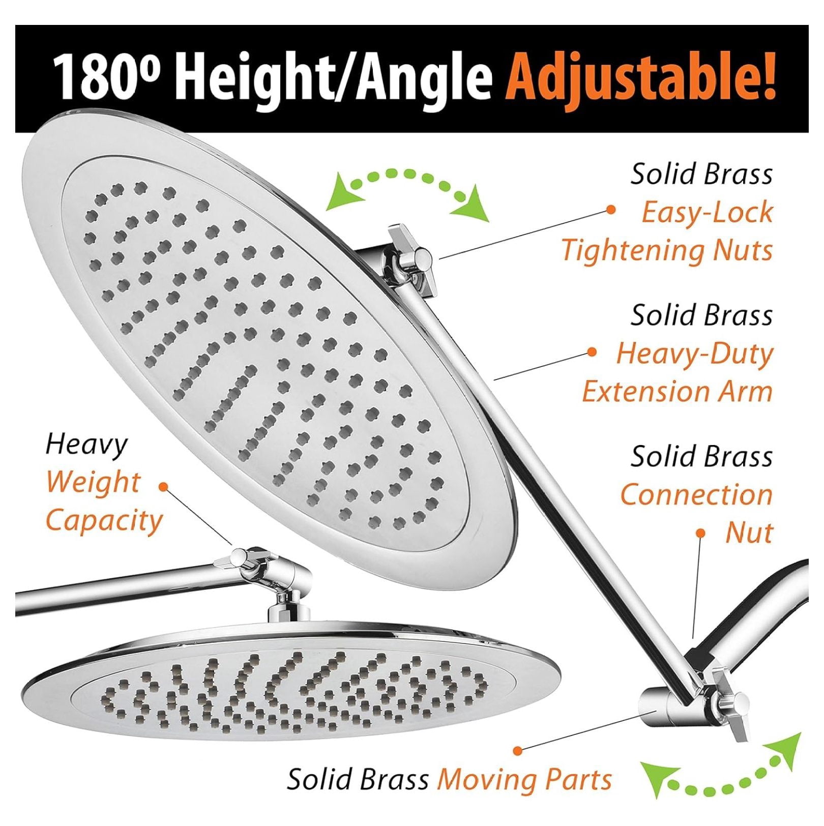 9-inch Rain Shower Head with 11-inch Brass Extension Arm - Adjustable Rainfall Shower System, High Pressure, Spa Experience