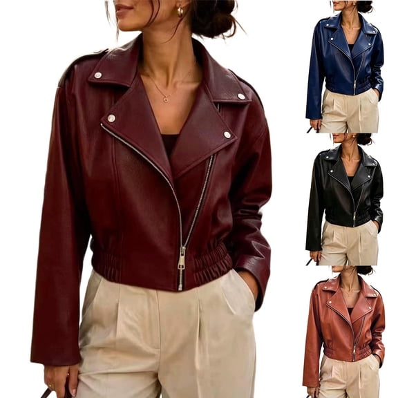 Sorvello Women's Faux Leather Zip Up Cropped Jacket Elastic Waist Lapel Long Sleeve Motorcycle Streetwear Fall Winter Coat Top for Women Wine L