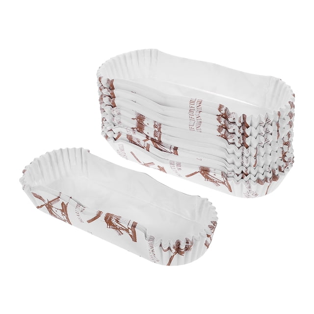 100 moldes de papel para hornear pan, resistentes a altas temperaturas: pila de capacillos ovalados de papel con patrón marrón sobre blanco, interior antiadherente y borde plisado, tamaño 16.00x6.50x3.40 cm, colores surtidos; diseñados para hornear y presentar panes y también adecuados para porcionar bollería en eventos.