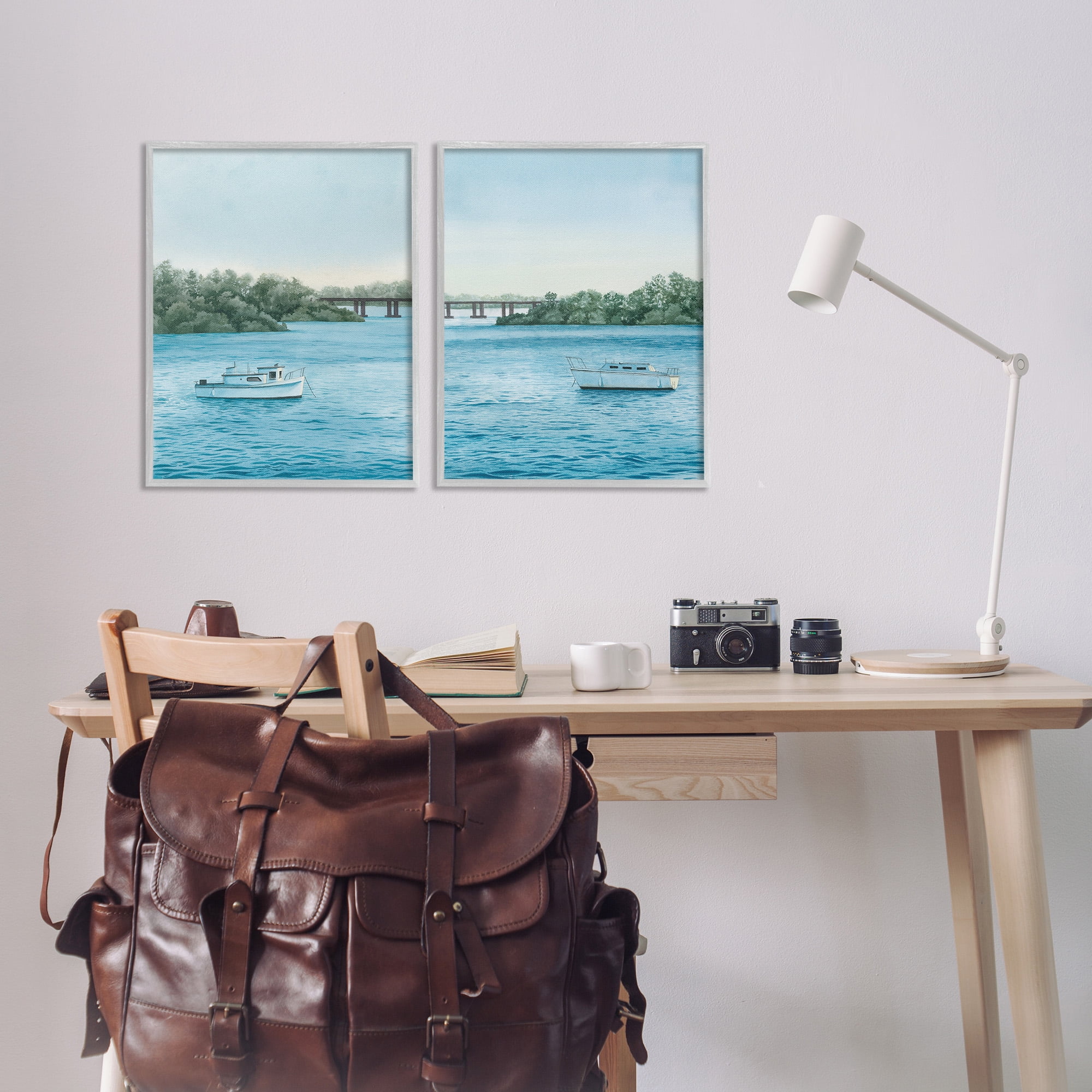 Stupell Industries Serene Summer Boats Landscape Painting Gray Framed Art Print Wall Art, 16 x 20, Set of 2