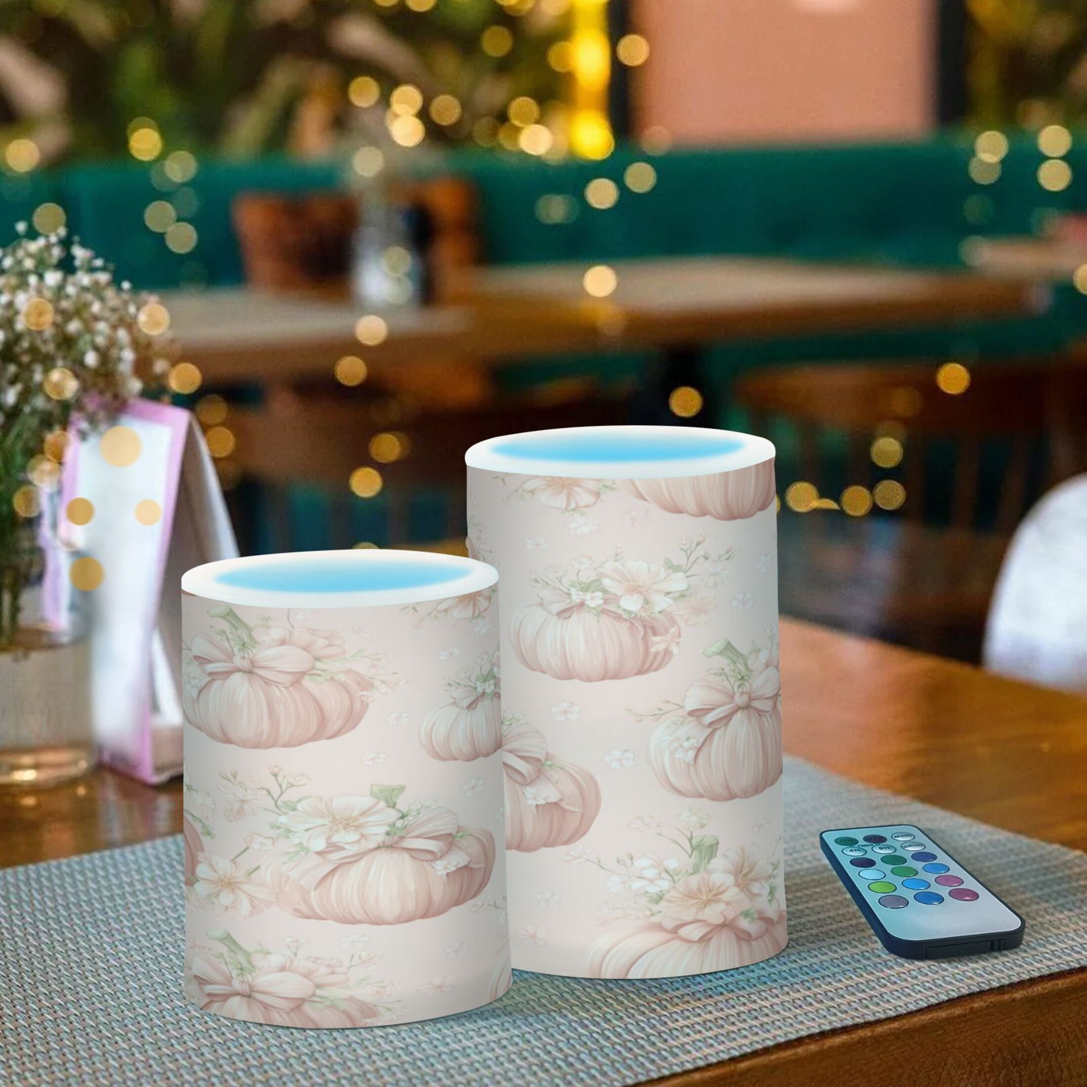2 PCS Flameless Candles with Remote Timer LED Battery Operated Flickering Candle Light for Wedding Table Home Decoration Gifts Pastel Pink Pumpkins and Flowers