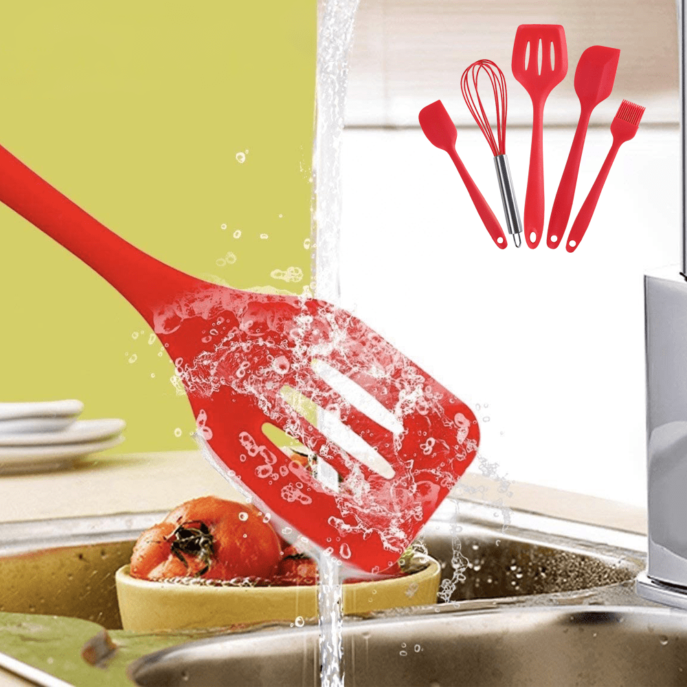 Christmas Silicone Spatula with Utensil Holder , Red/5 Piece Set