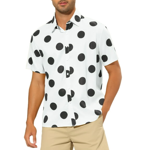 INSPIRE CHIC Men's Beach Polka Dots Printed Shirt Button Down Short Sleeve Casual Shirts M White