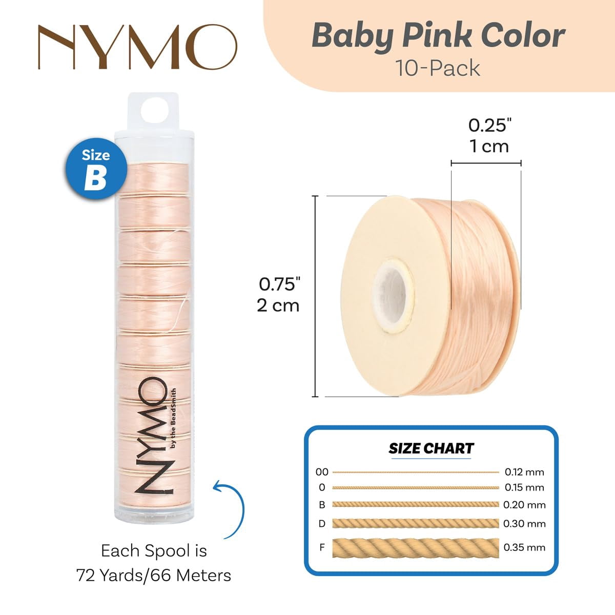 The Beadsmith Nymo Thread – 10-Pack Baby Pink Color – Size B, .20mm Diameter, 72 Yard/66 Meter Spool – Made of Nylon – Bead Embroidery & Weaving, Off Loom & Loom Work and DIY Craft Projects