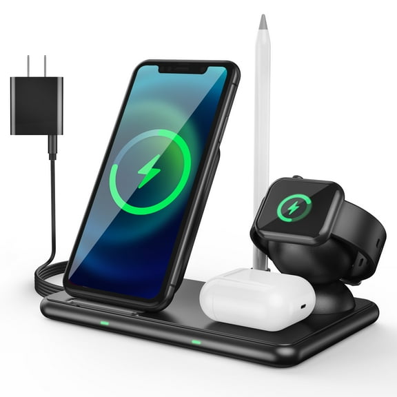 4 in 1 Wireless Charging Station for Apple Products, Apple Watch Charger with Qi-Certified 15W Charging Dock for Multiple Devices, Phone Charging Station Compatible with Apple Watch& Airpod & Pencil