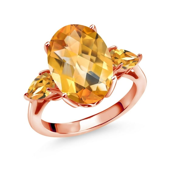 Gem Stone King 6.39 Ct Oval Checkerboard Yellow Citrine 18K Rose Gold Plated Silver 3-Stone Engagement Ring