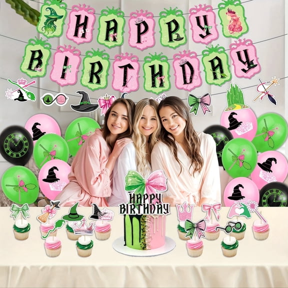 1set Witch Birthday Decorations Pink Green Party Supplies Set with Happy Birthday Banner, Witch Cake Topper, Cupcake Toppers, Balloons for Birthday Party Decor, Halloween Witch Party Decoration