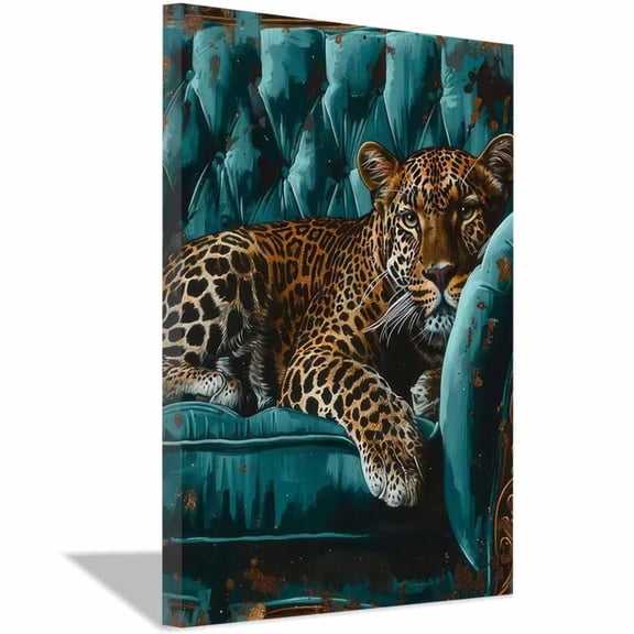 Mudket Framed Leopard on Teal Velvet Sofa Canvas Wall Art, Vintage Animal Print Wall Decor, Ready to Hang for Living Room - 12"L x 8"W