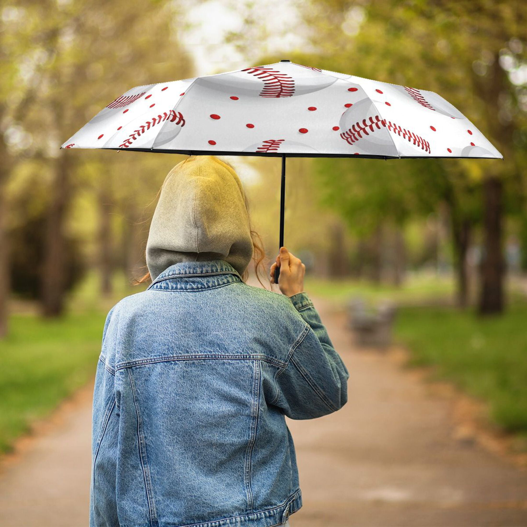 ALAZA Baseball on White UPF 50+ Compact Folding Umbrella for Rain Travel Umbrella Packable