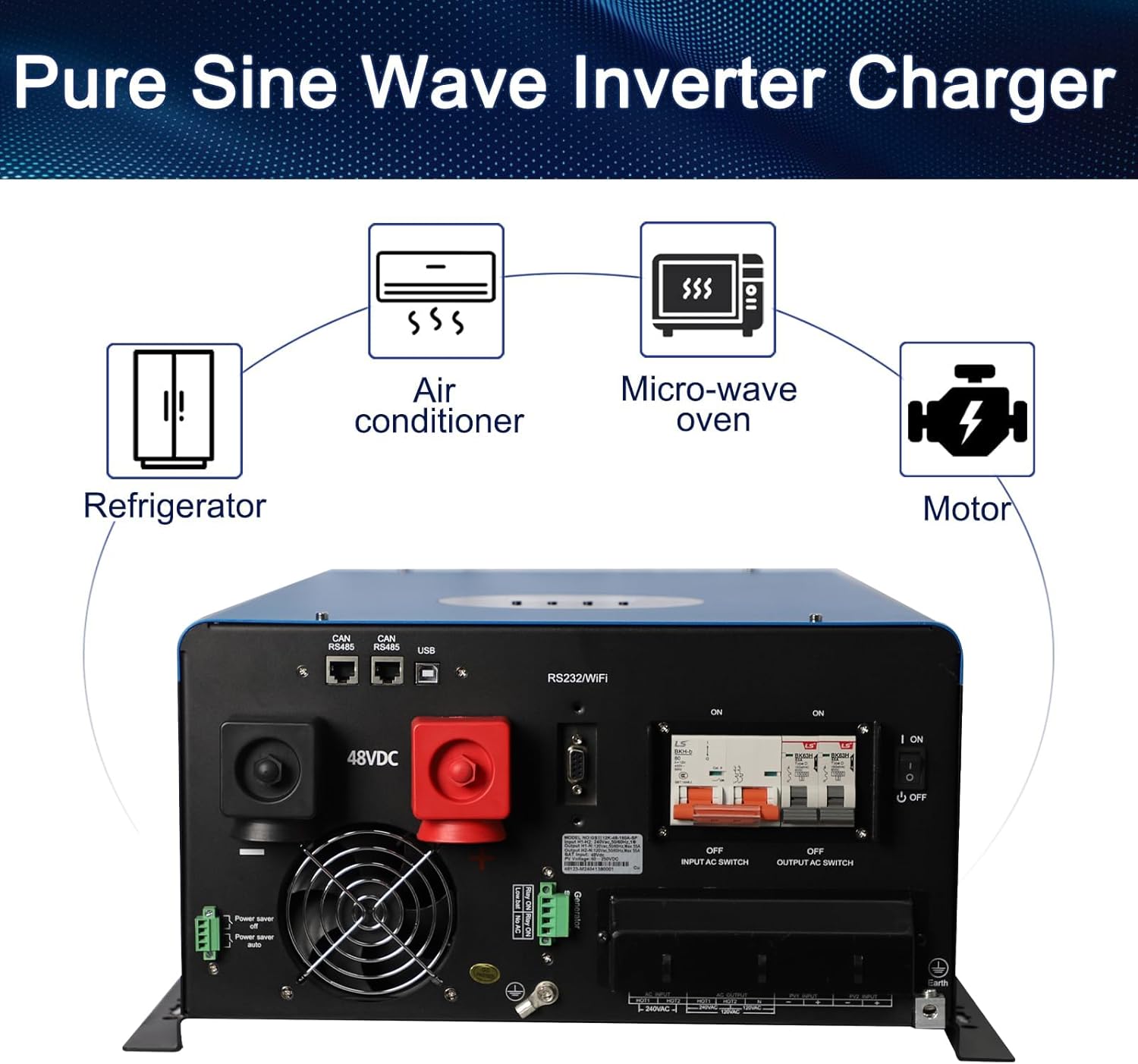 8KW Solar Hybrid Inverter Off Grid Inverter 110/220Vac Low Frequency DC 48V AC Input 240V AC Output 120V/240V Split Phase Pure Sine Wave Power Converter with 2x80A MPPT Charger Controller 8000W