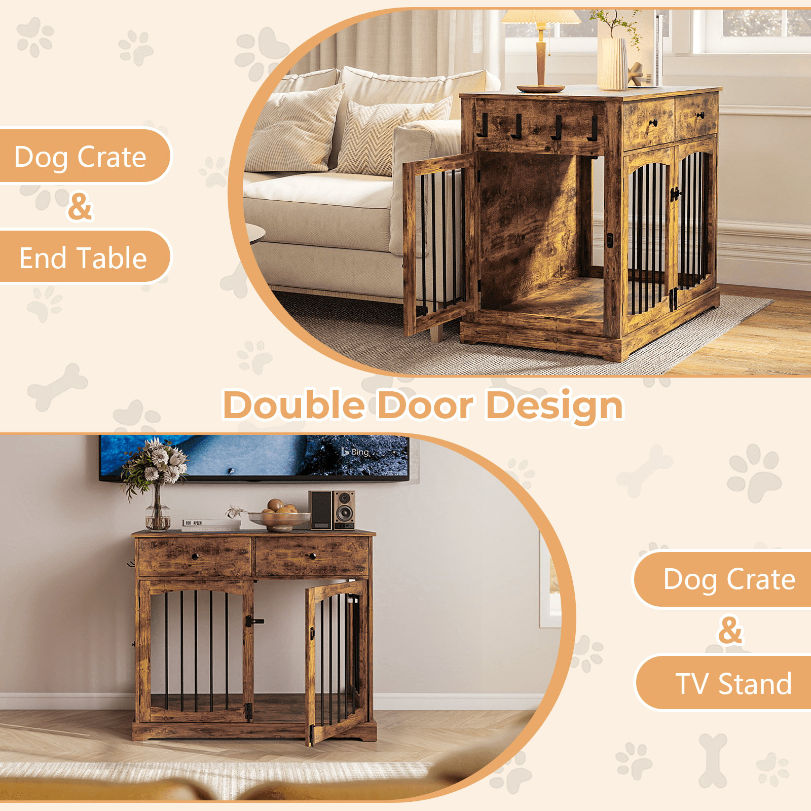Flictozena 40 Inch Dog Crate Furniture - House Style Wooden Pet Kennel with 2 Doors for Indoor Large Dogs, Brown