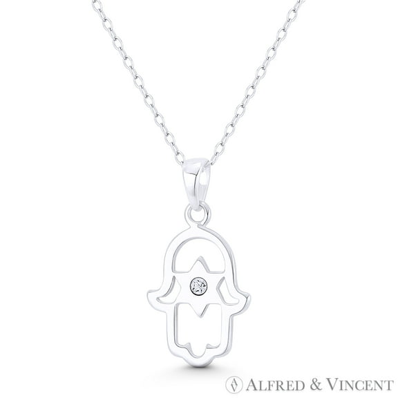 Hamsa Hand & Star of David Solitaire CZ Charm 24x13mm (0.8x0.5in) Pendant & Chain Necklace in .925 Sterling Silver
