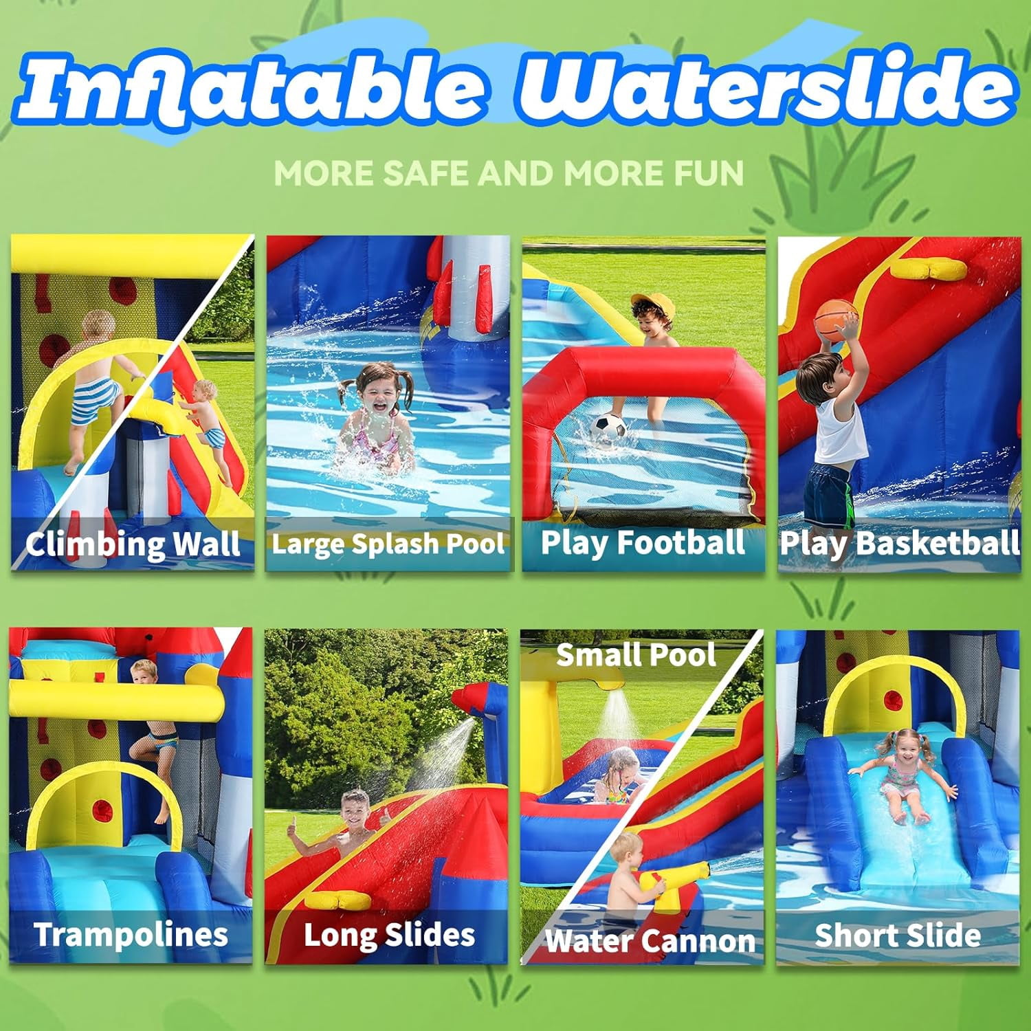 ZOGYMOZ Double Slides Water Park, Inflatable Water Slide Bounce House with Blower, Pool & Basketball & Football Games for Kids Backyard, 227*205*97 inch
