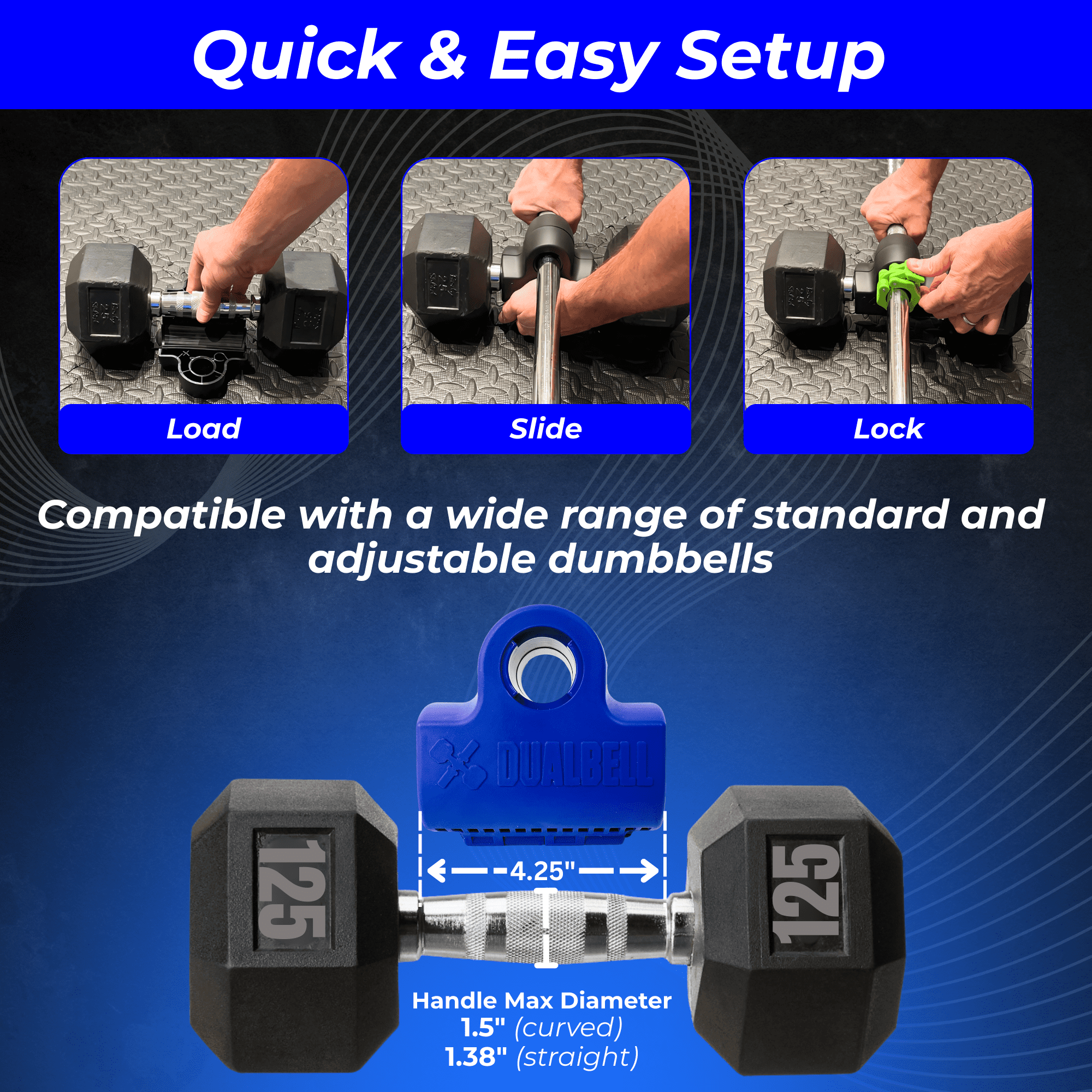 Dualbell Blue Superset- Convert Dumbbells to Barbell Adapters- for 1" Standard Bar Strength Training