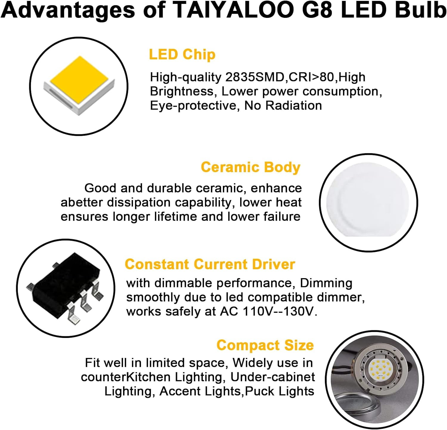 JJEAN-G8 LED Puck Light Bulb, 3W (30W-35W Halogen Equivalent), Dimmable, T4 JCD Type Bi-Pin Base, Warm White 3000K, 120V G8 Bulbs for Under Cabinet, Counter Lighting, 10 Pack