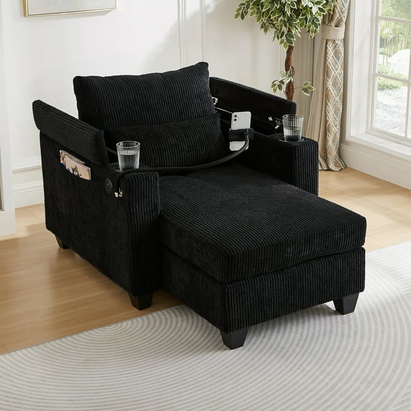 Convertible Chaise Lounge 37.4" Sofa Chair Sofa Bed Corduroy Sleeper Sofa with USB Ports , Two Cup Holders, Phone Holder and Ample Storage Space for Living Room and Bedroom, Black