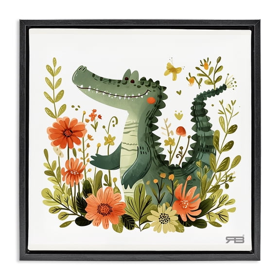 Stupell Industries Eclectic Floral Happy Alligator Black Floating Frame Canvas Art, 18 x 18, by RB
