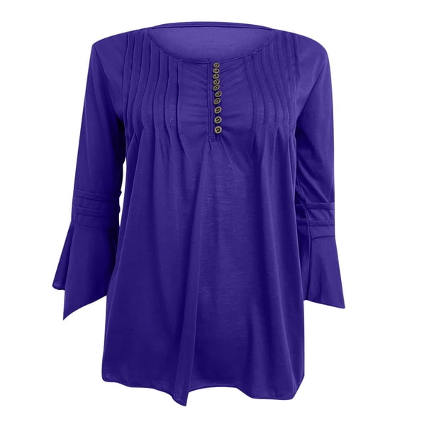 Camiseta plisada de manga acampanada para mujer, blusa de manga tres cuartos Pompotops FGAJ2442