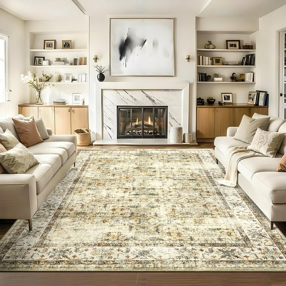 Hasoo Washable Rug 8' x 10' Rugs for Living Room Vintage Floral Farmhouse Indoor Non Slip Large Carpet for Bedroom, Beige