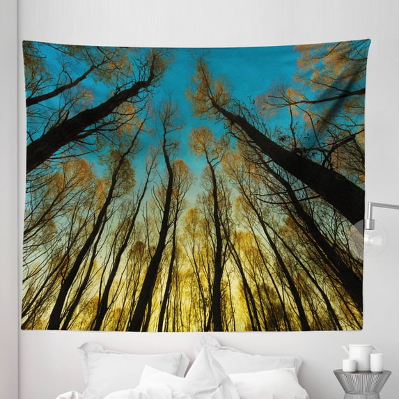 Forest Tapestry, Rural Scenery with Trees Reaching out to Sky at Sunrise Nature Pastoral Image, Fabric Wall Hanging Decor for Bedroom Living Room Dorm, 5 Sizes, Yellow Blue Black, by Ambesonne