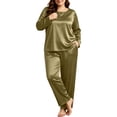 thumbnail image 5 of vdgthytj Plus Size Loungewear Sets for Women Satin Long Sleeve Crewneck Tops Straight Leg Pants Fall Sleepwear 2 Piece Outfits(4X-Large,Army Green), 5 of 9