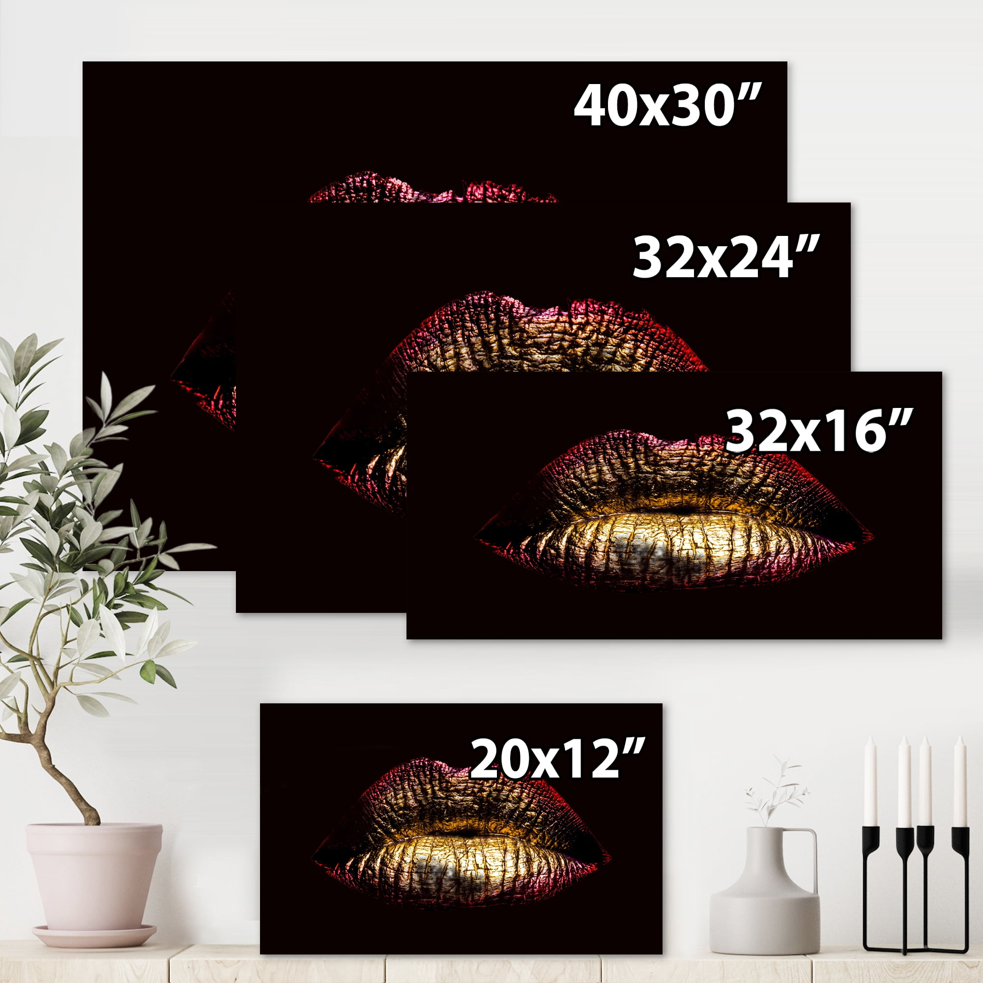 Sexy Golden Metallized Woman Lips IV 12 in x 8 in Photography Canvas Art Print, by Designart
