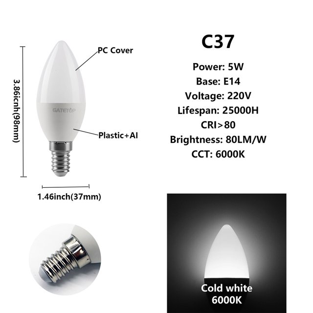 Bombilla Led para decoración del hogar, luz blanca cálida y fría, 2 piezas, 220V, C37, 3W-7W, E27, B22, E14